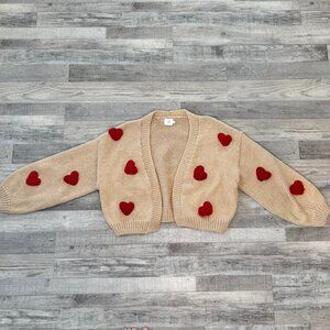 Luna Ivy beige chunky 3D hearts open front cardigan cropped sweater medium G3